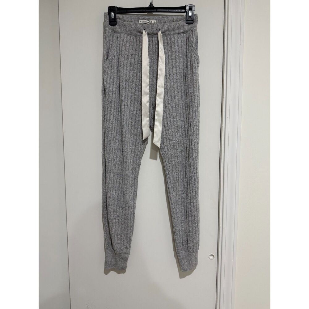 Abercrombie & Fitch Grey Ribbed Knit Lounge Jogger Satin Ribbon Drawstring